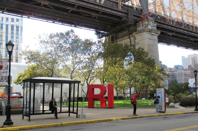 a bus stop on Roosevelt Island